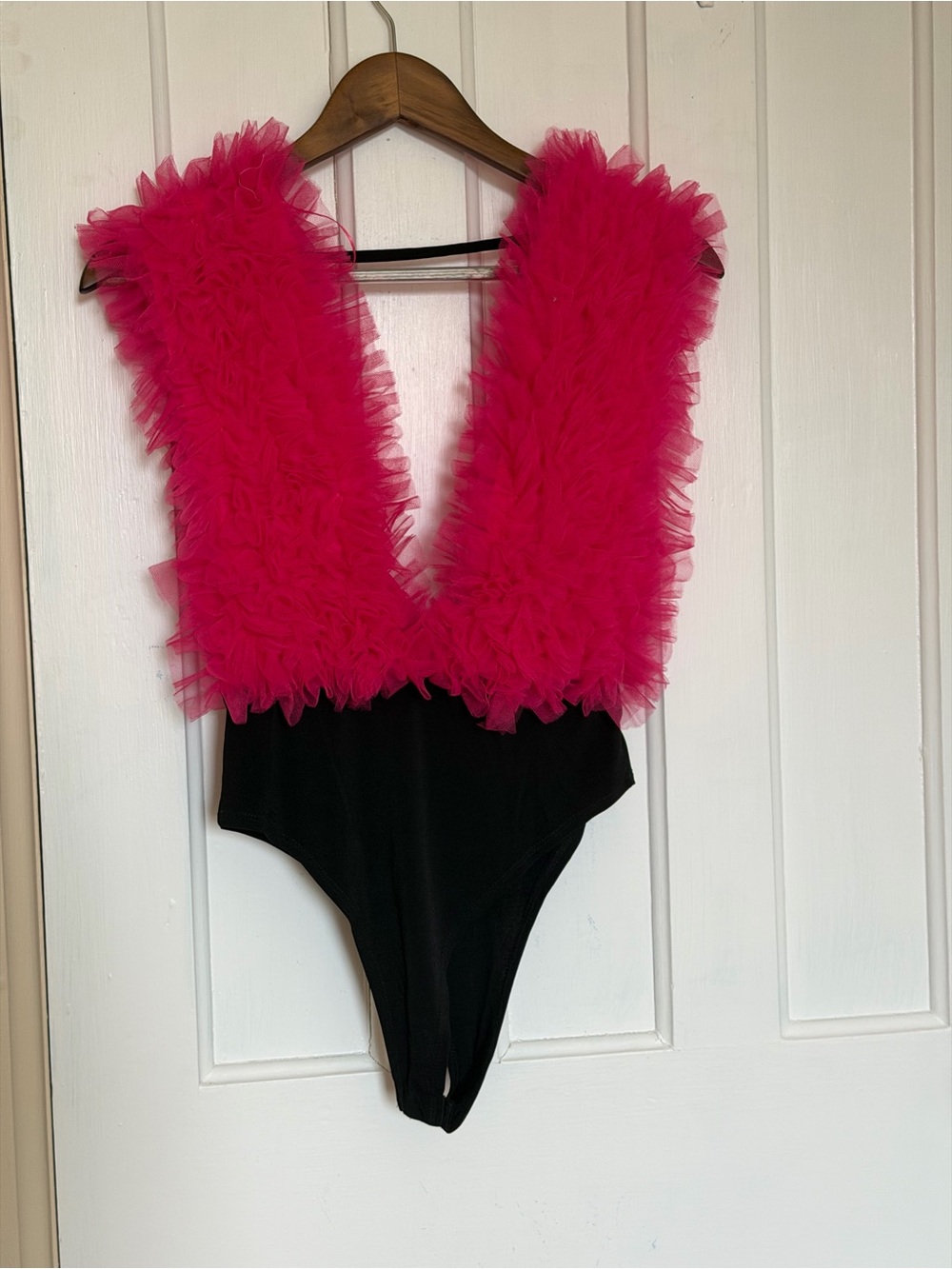 Simons Black Bodysuit with Hot Pink Ruffle Deep V